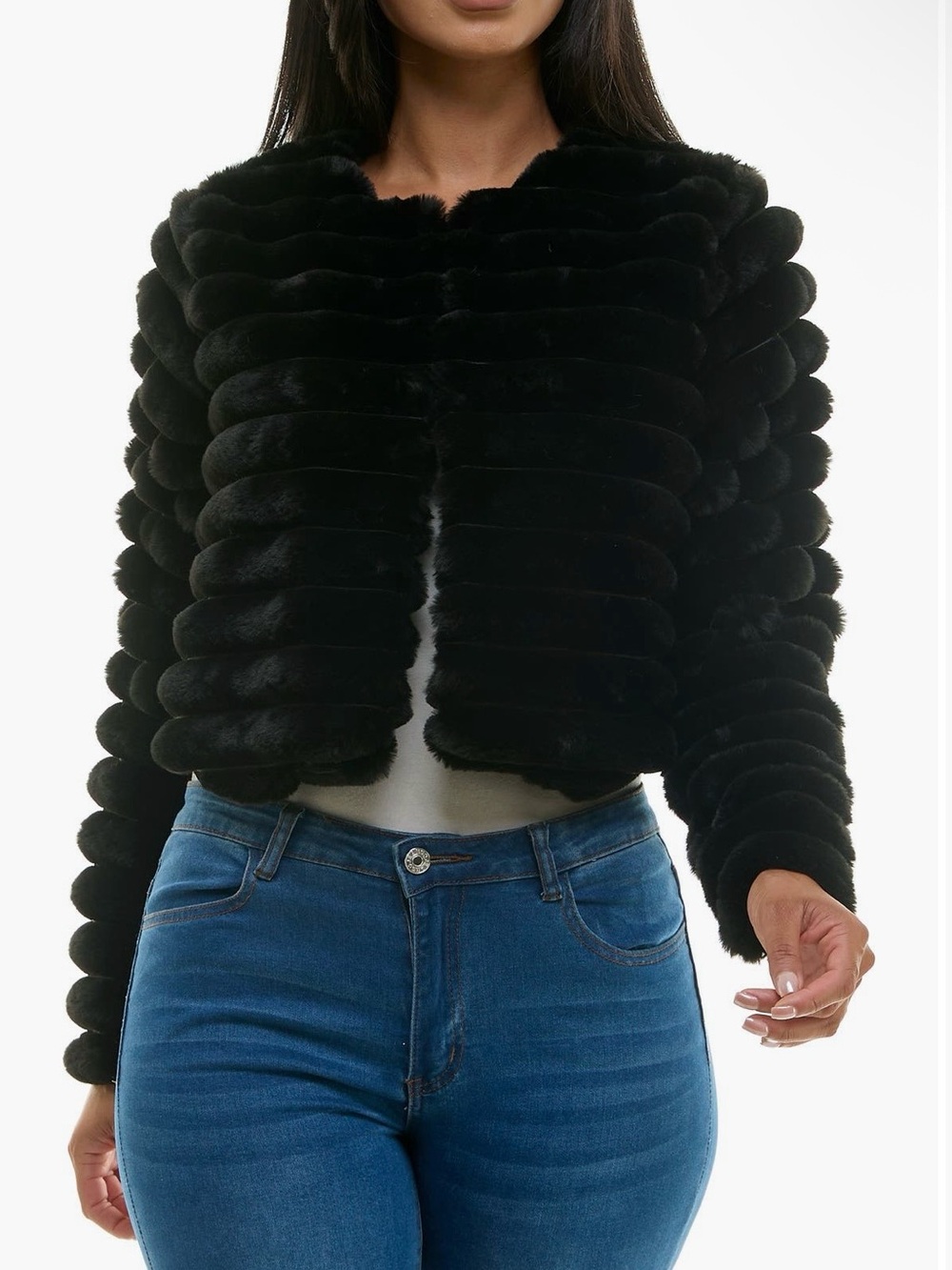Nina Leonard Black Faux Fur Ribbed Cropped Jacket